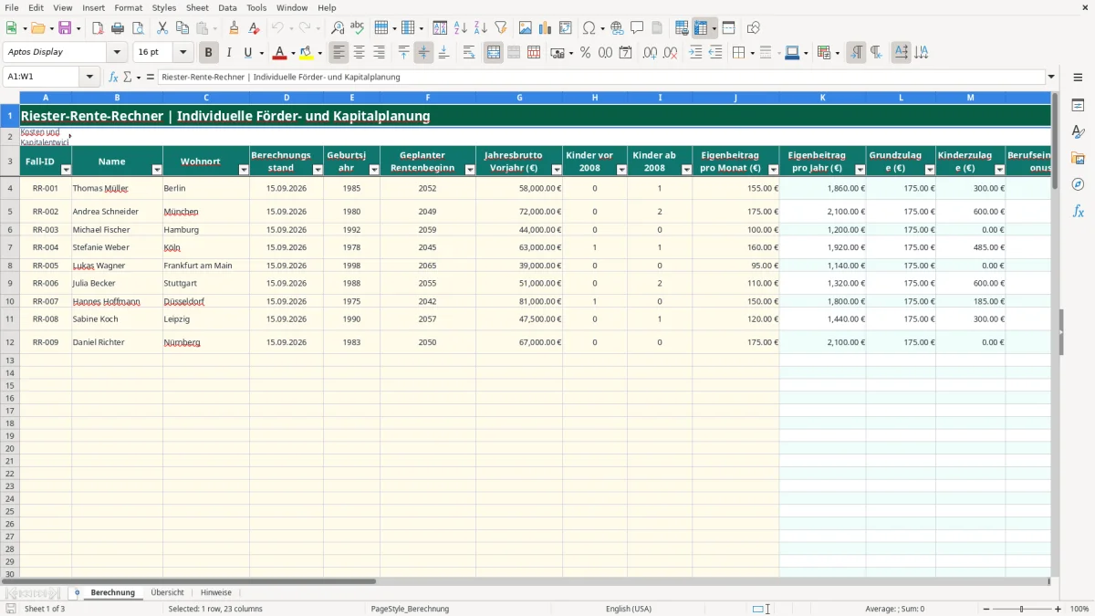 Captura de tela 1: Aba Berechnung - Planilha Excel riester rente rechner excel
