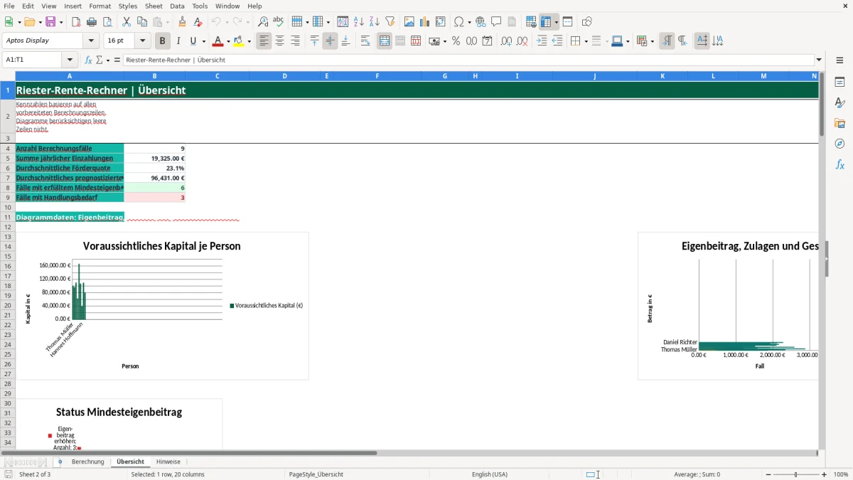 Captura de tela 2: Aba Übersicht - Planilha Excel riester rente rechner excel