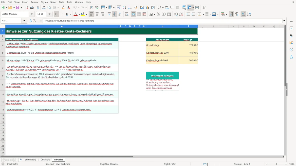 Captura de tela 3: Aba Hinweise - Planilha Excel riester rente rechner excel