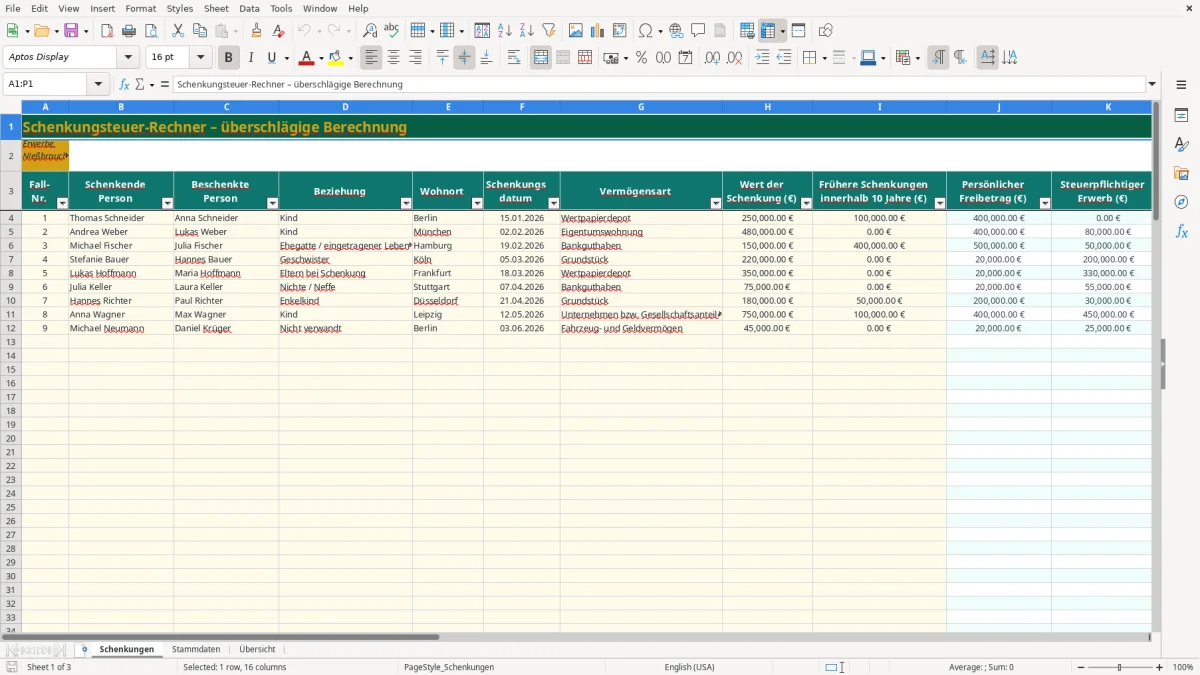 Captura de tela 1: Aba Schenkungen - Planilha Excel schenkung steuer rechner excel