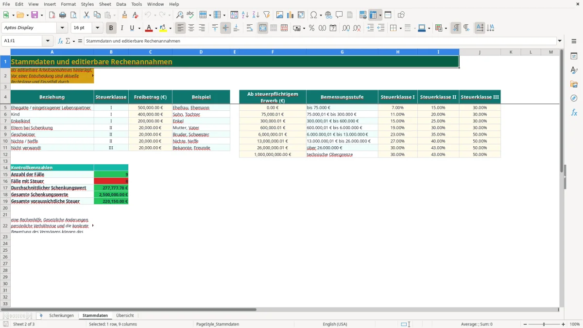 Captura de tela 2: Aba Stammdaten - Planilha Excel schenkung steuer rechner excel