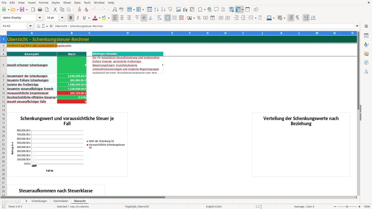 Captura de tela 3: Aba Übersicht - Planilha Excel schenkung steuer rechner excel