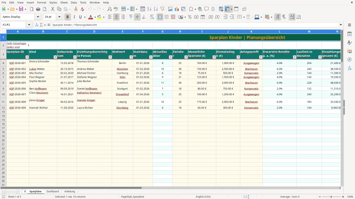 Captura de tela 1: Aba Sparpläne - Planilha Excel sparplan kinder excel vorlage