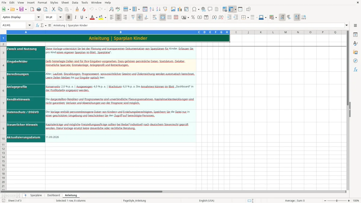 Captura de tela 3: Aba Anleitung - Planilha Excel sparplan kinder excel vorlage
