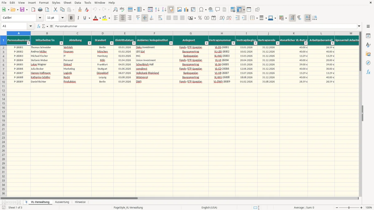 Captura de tela 1: Aba VL-Verwaltung - Planilha Excel vermögenswirksame leistungen excel