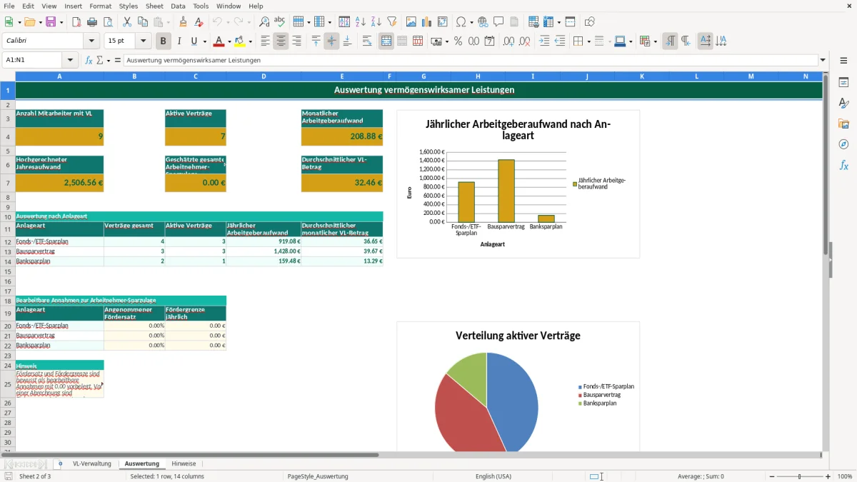 Captura de tela 2: Aba Auswertung - Planilha Excel vermögenswirksame leistungen excel