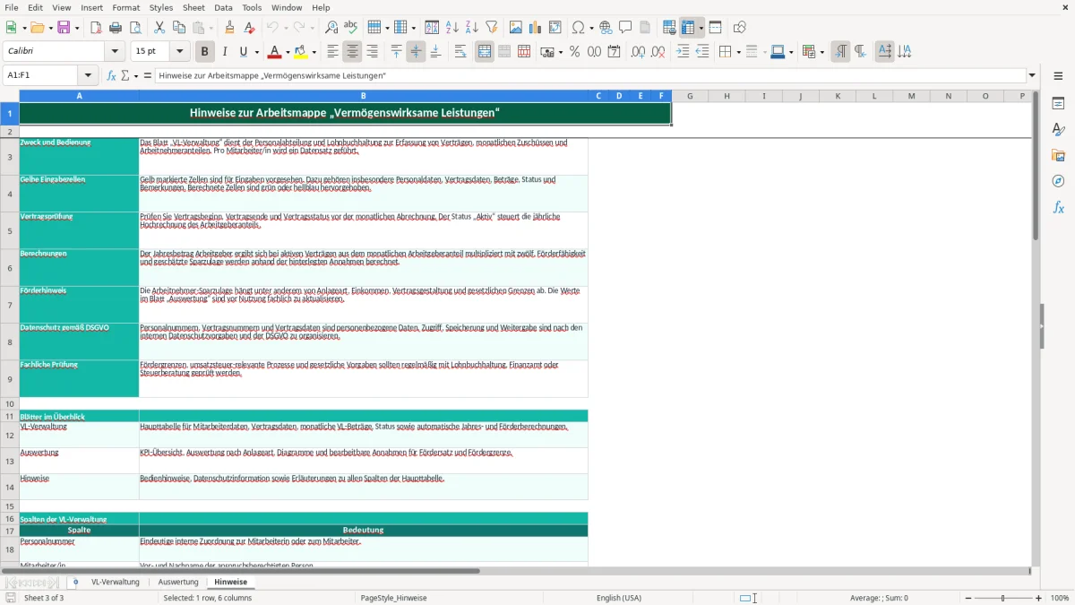 Captura de tela 3: Aba Hinweise - Planilha Excel vermögenswirksame leistungen excel