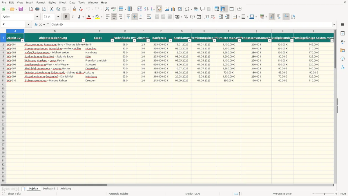 Captura de tela 1: Aba Objekte - Planilha Excel wohnung vermieten kalkulation excel