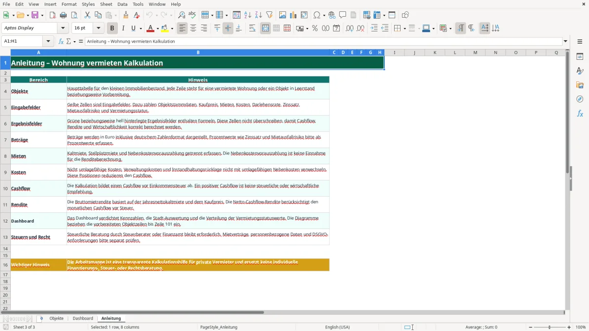 Captura de tela 3: Aba Anleitung - Planilha Excel wohnung vermieten kalkulation excel